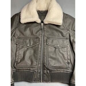 Blank NYC Faux Leather Bomber Jacket Gray Shearling Collar XS Distressed Aviator